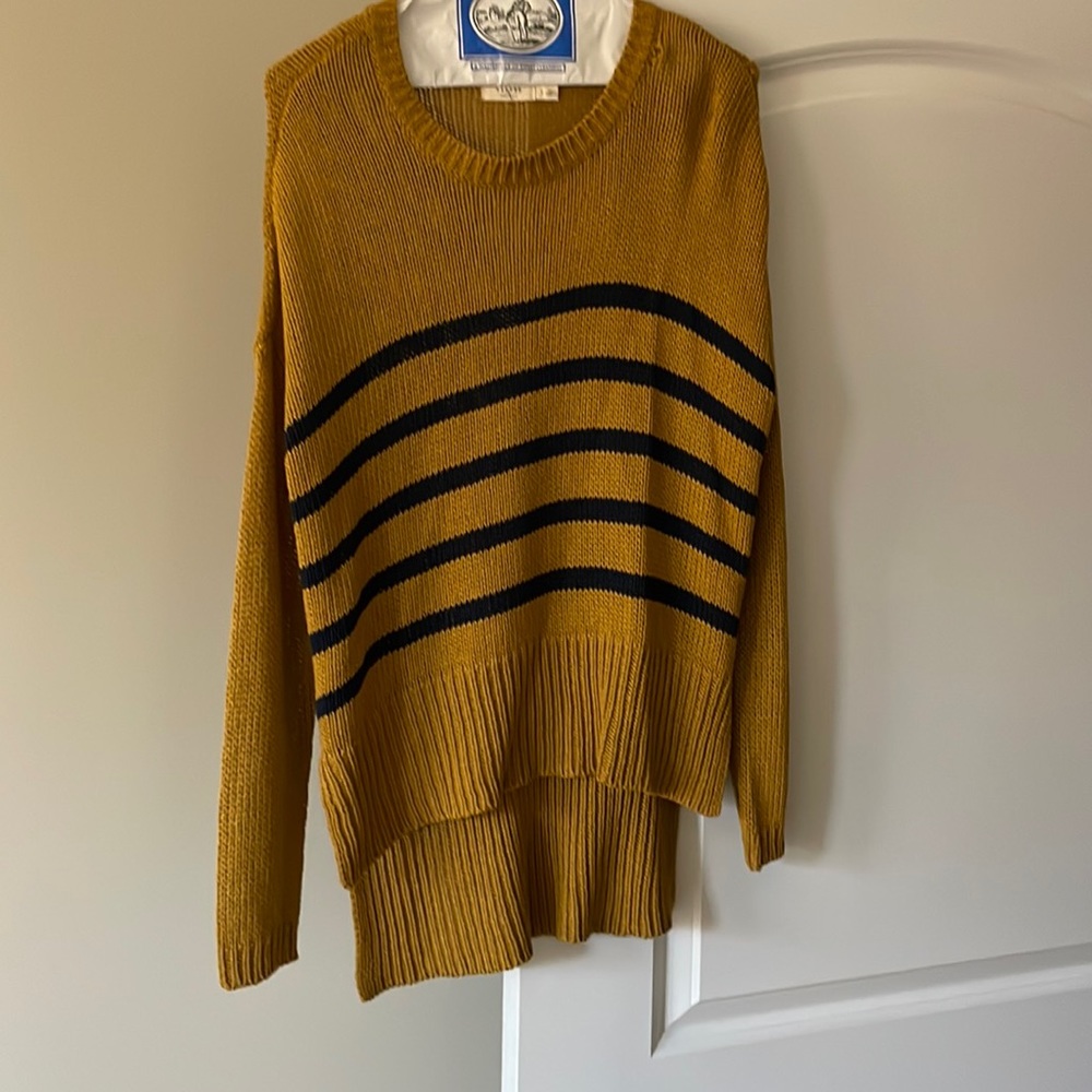 Francesca’s gold and navy striped high low sweater